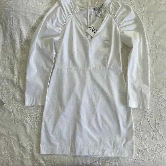 NWT Zara Poplin White Mini Dress Balloon Sleeves Zip Close Women’s Size Small - Picture 13 of 14
